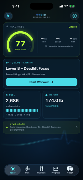 Vyvid's Today screen: a readiness score of 77, the day's programmed session, calories remaining and current weight