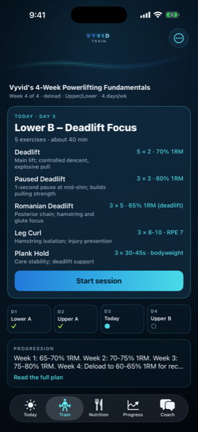 Vyvid program screen with weekly training schedule