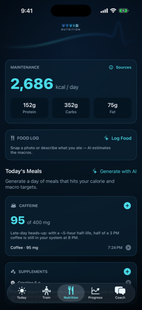 Vyvid nutrition screen with macro targets and food log